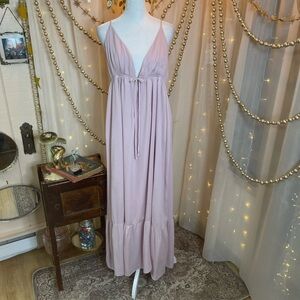 Sweet Pink Maxi Dress with Spaghetti Straps and Plunge Neckline